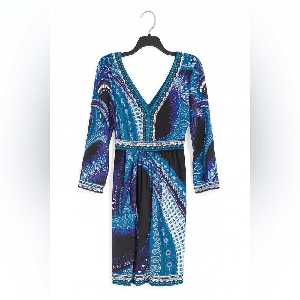 New York & Company Printed V-Neck Dress Women’s Large Stretch Midi Dress
